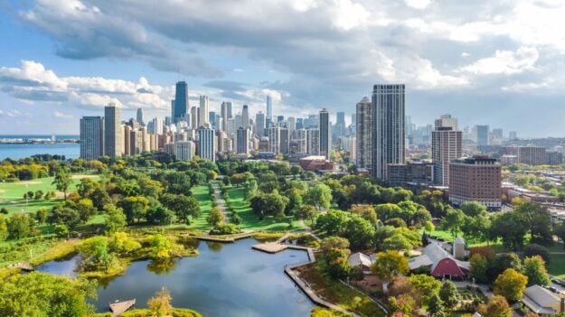 Chicago skyline aerial drone view from above, lake Michigan and